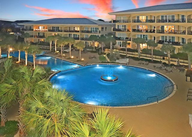 Pool at dusk at Adagio 30A, home of Palmera