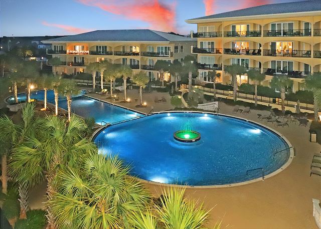 Pool at dusk at Adagio 30A, home of Palmera