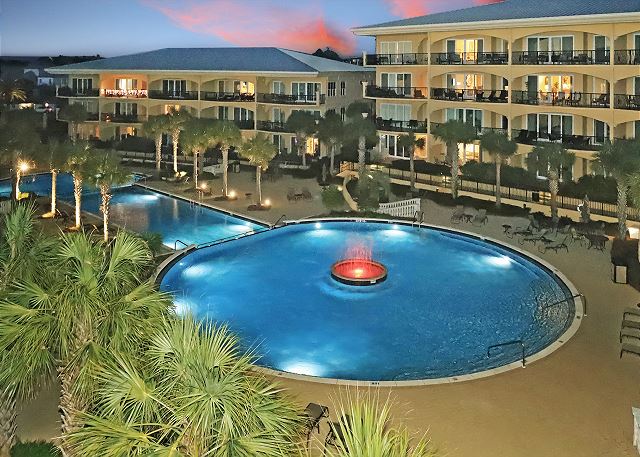 Pool at dusk at Adagio 30A, home of Palmera