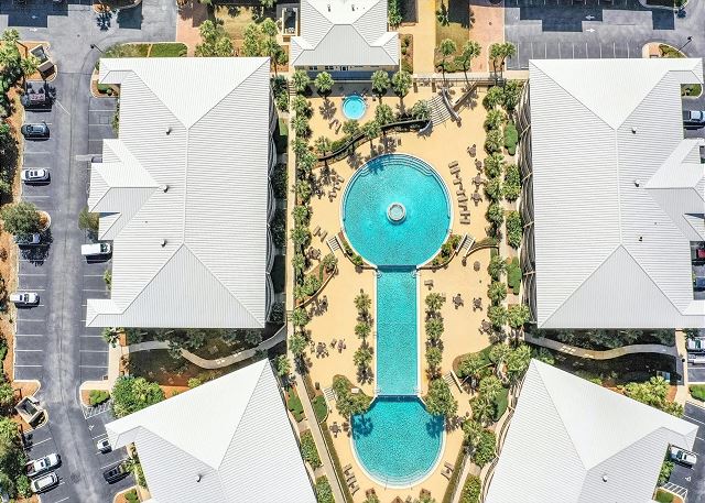 The pools from above at Adagio 30A, home of Palmera