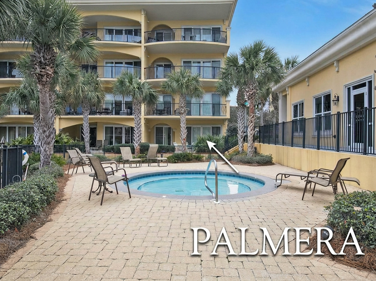 Annotated view showing Palmera as the first-floor condo unit straight ahead of the hot tub at Adagio 30A